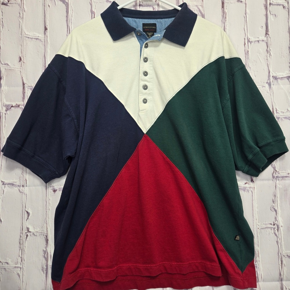 Vintage Y2K STRUCTURE Colorblock‎ Polo Shirt Men's Size L Short Sleeve Cotton